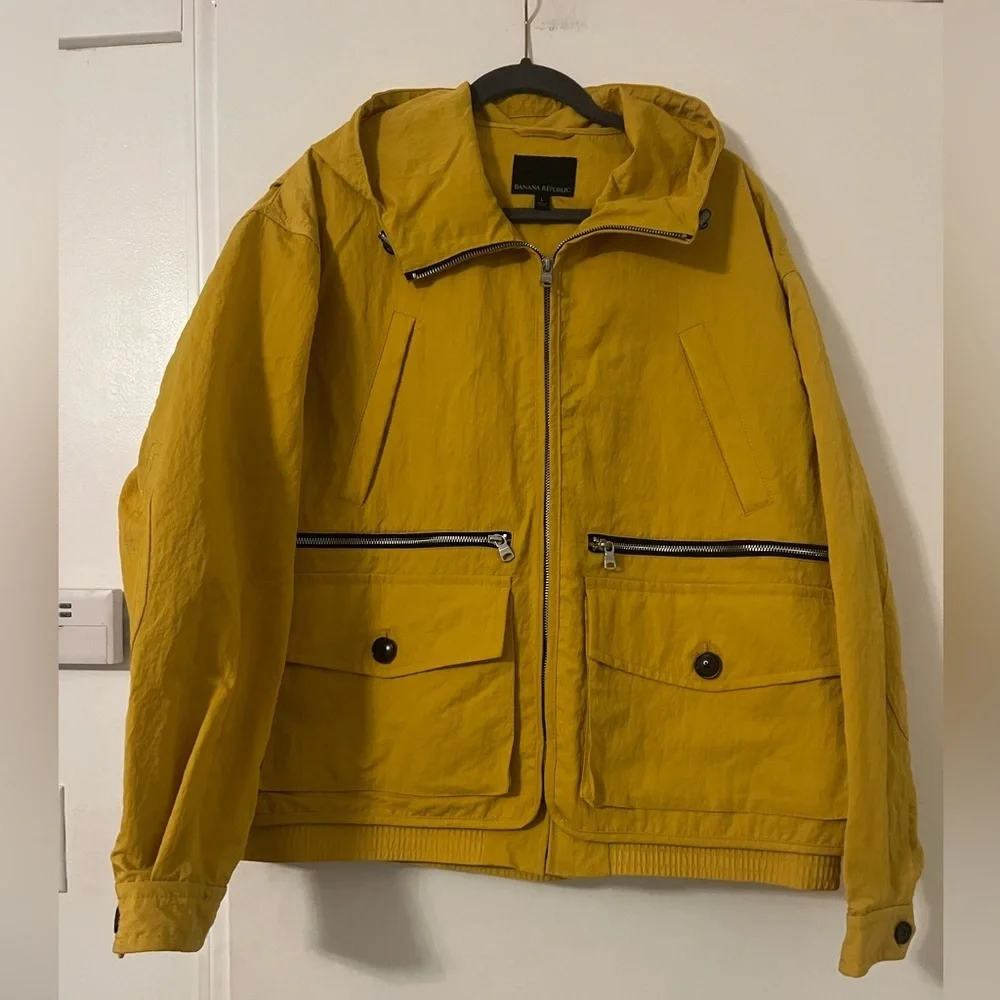 Banana Republic Hooded Fishing Wading Jacket Mens Large Yellow Utility Pockets